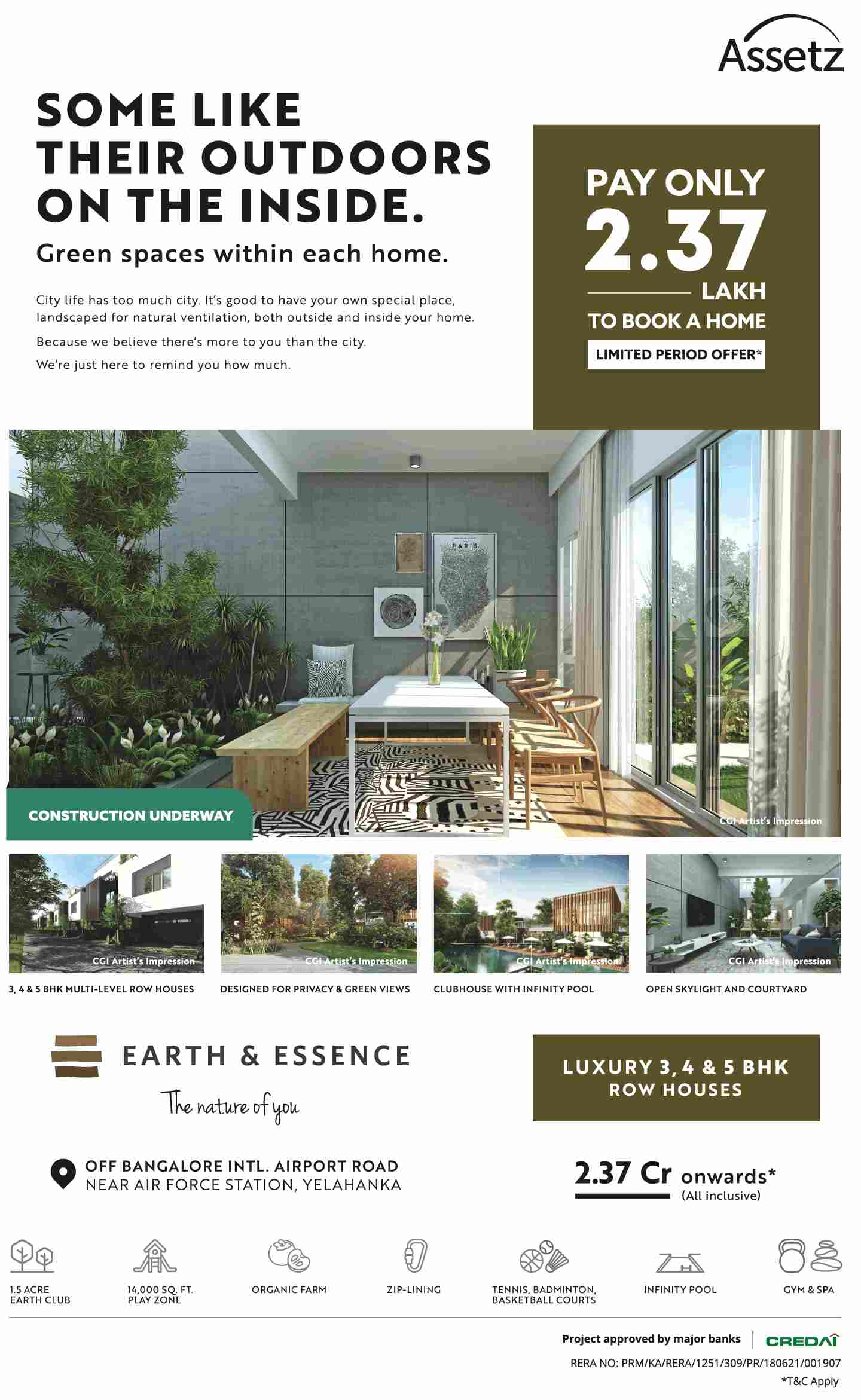 Pay only Rs 2.37 Lakh to book your home at Assetz Earth And Essence in Bangalore